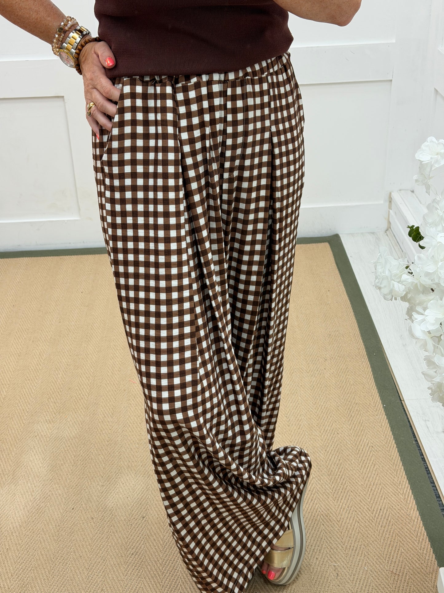 Cheri: Check wide leg patterned trousers. One size: 10-16. 2 colours