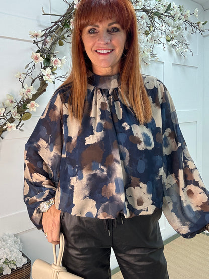 Holly: Navy & cream print high neck top. One size: 10-16