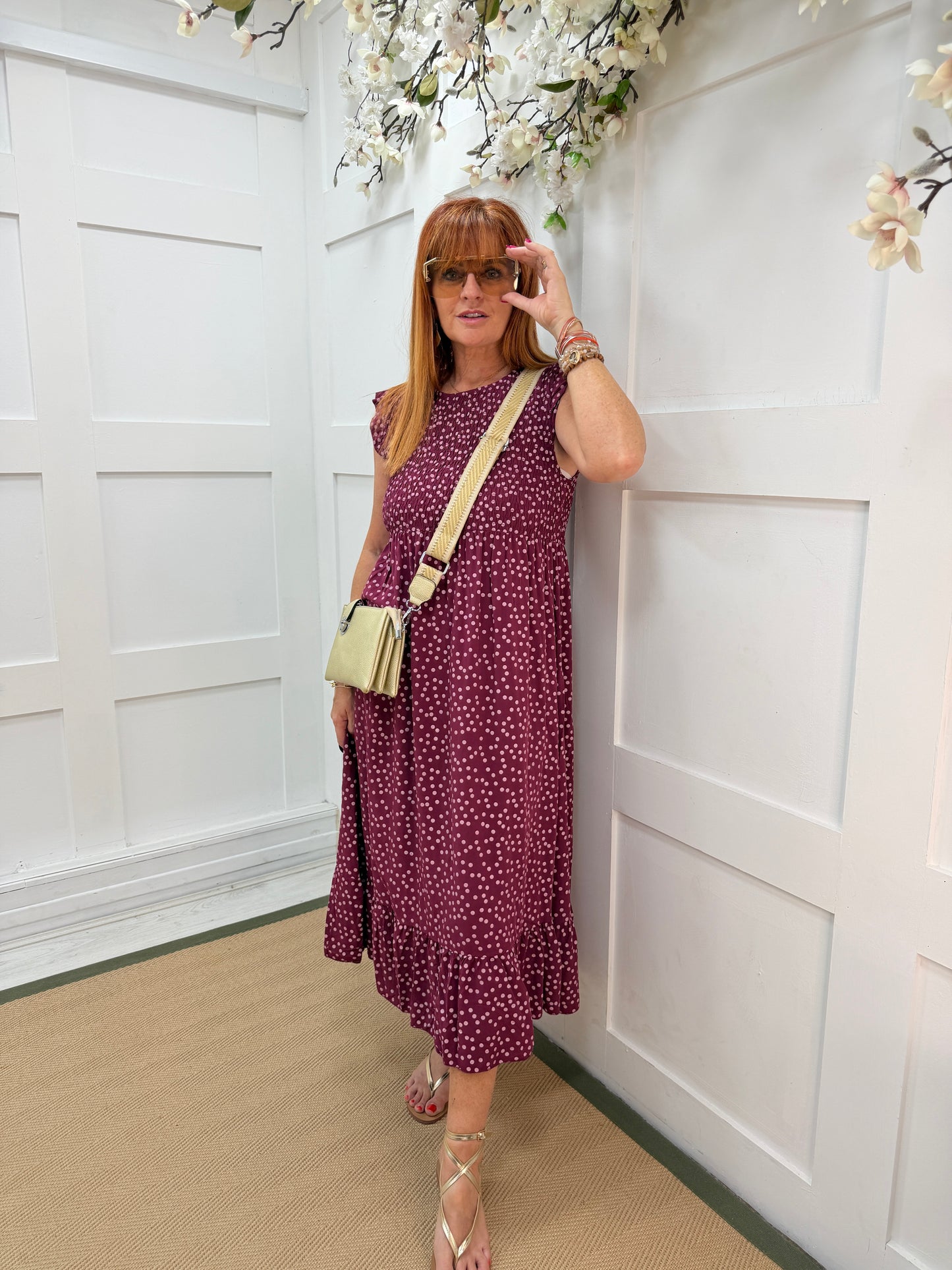 Kitty: Spotty shirred midi dress. One size 10-16. Various colours