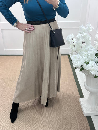 Mara: Cream suedette pleated maxi skirt. One size: 12-16