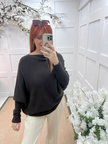 Erica: Dark brown asymmetrical slouch soft knit top. One size 10-18