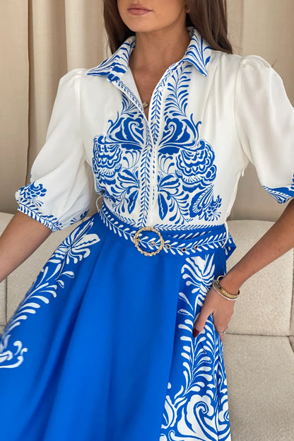 Holland: Blue & white print belted dress. Sizes: 12-18