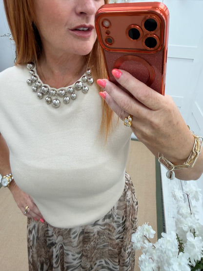 Christy: Chunky silver beaded sleeveless top. 2 sizes