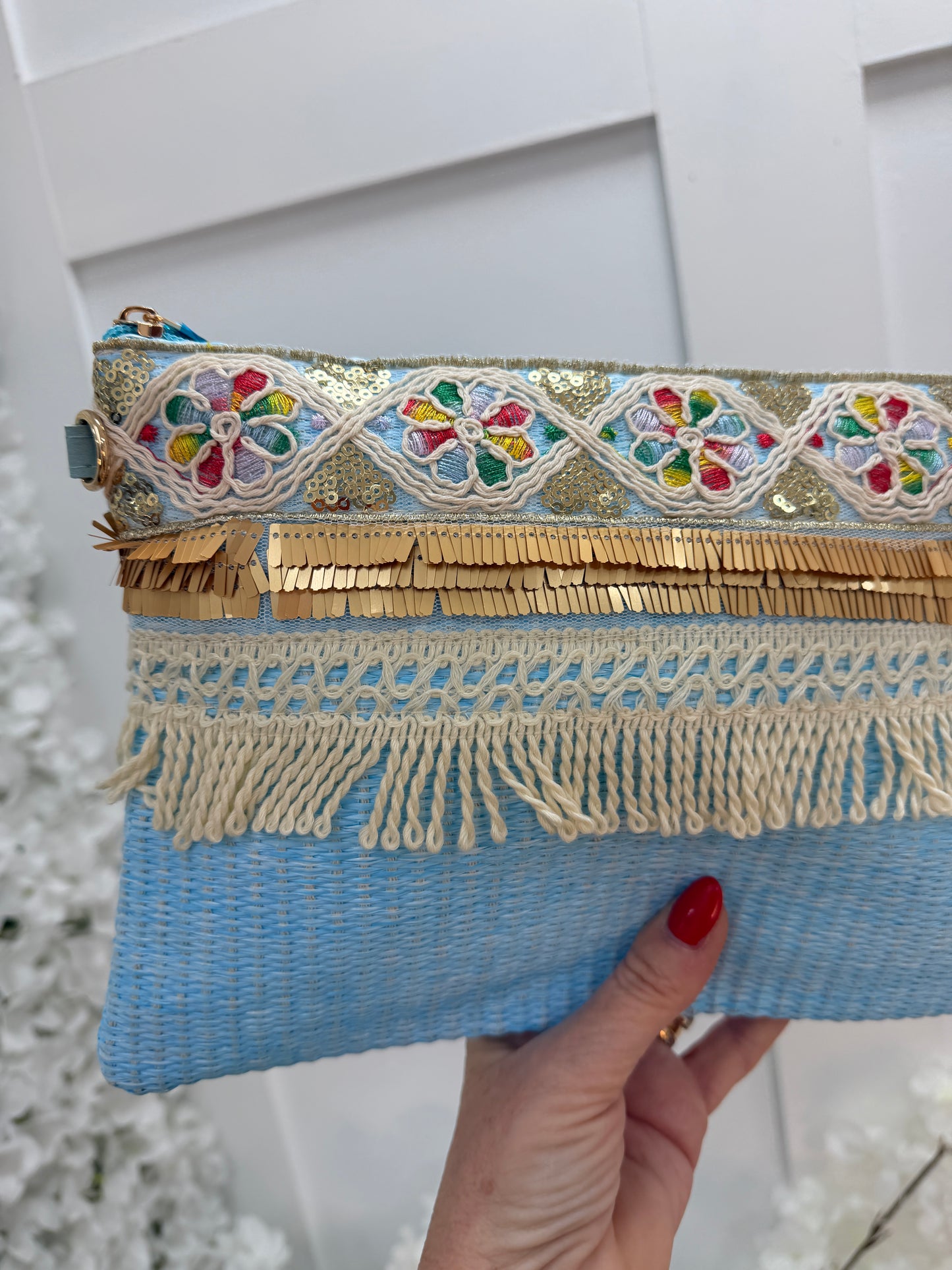 Estelle: Embroidered fringe clutch bag. 3 colours.