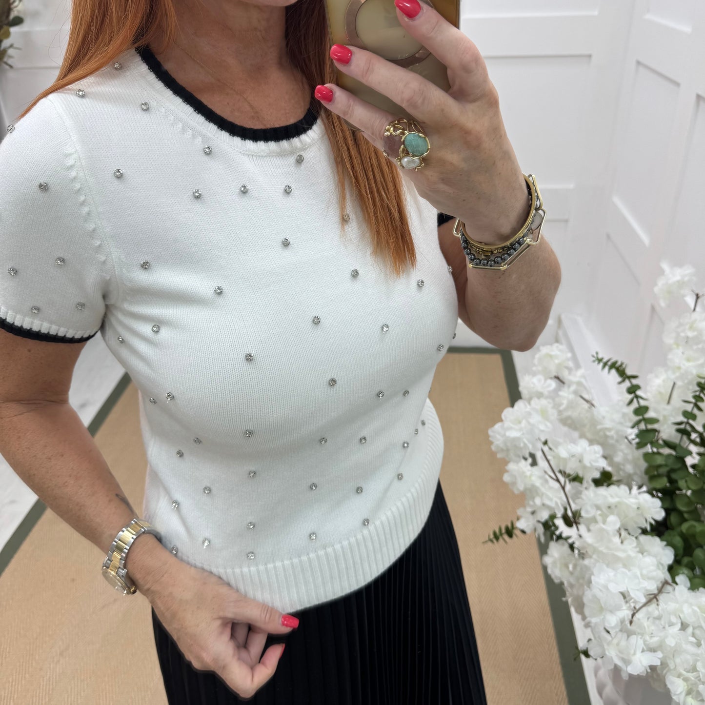 Noelle: White stretchy knit rhinestone top. 2 sizes