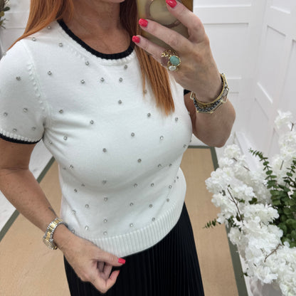 Noelle: White stretchy knit rhinestone top. 2 sizes