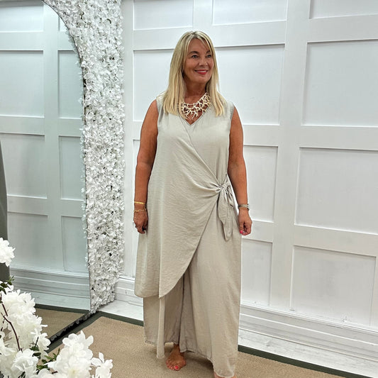 Julianna: Stone wrap wide leg jumpsuit. One size: 14-20