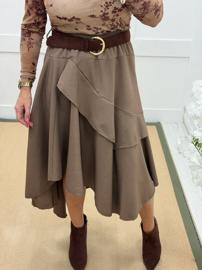 Sabrina: Asymmetrical layered belted midi skirt. One size: 10-16. 3 colours