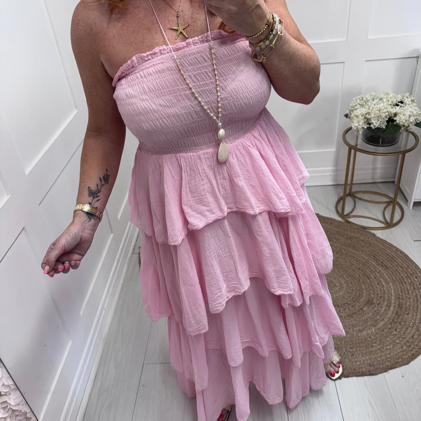 Kellie: Pink boobtube cotton rara dress. One size: 10-18