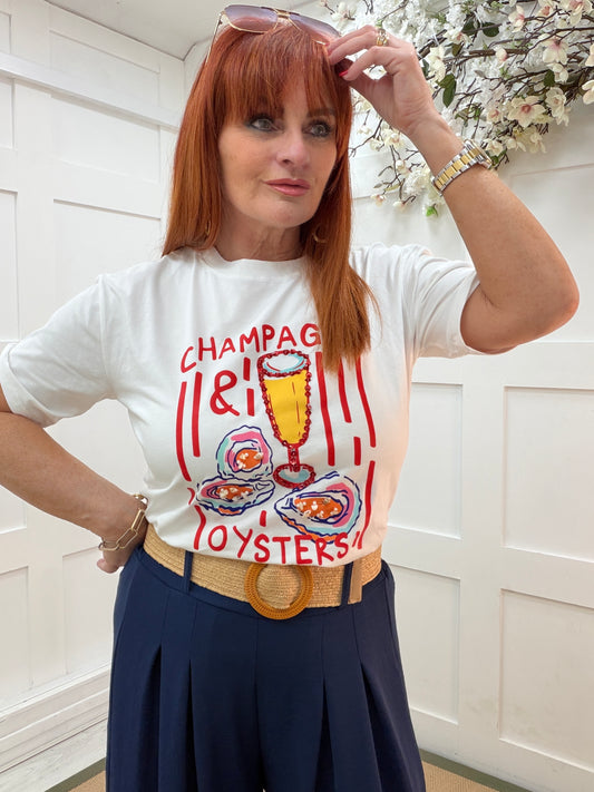 Orla: White & red “champagne & oyster” T shirt. 2 sizes.