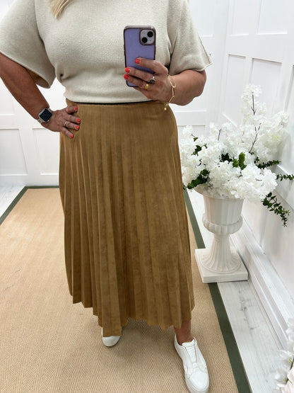Mara: Tan suedette pleated maxi skirt. One size: 12-16