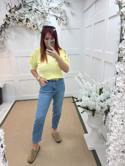 Devon: Light blue belted balloon jeans. Sizes: 8-16