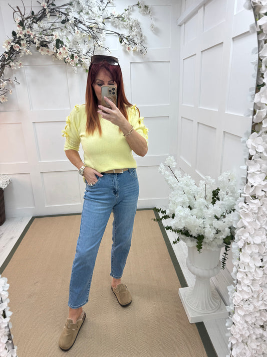 Devon: Light blue belted balloon jeans. Sizes: 8-16