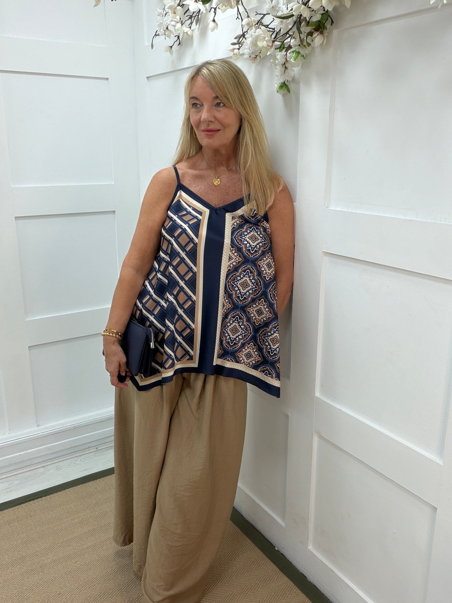 Tilly: Silky geometric printed V neck top. One size 10-16. 3 colours