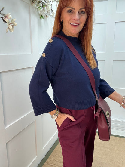 Lorna: Navy gold button knitted top. One Sz: 10-16