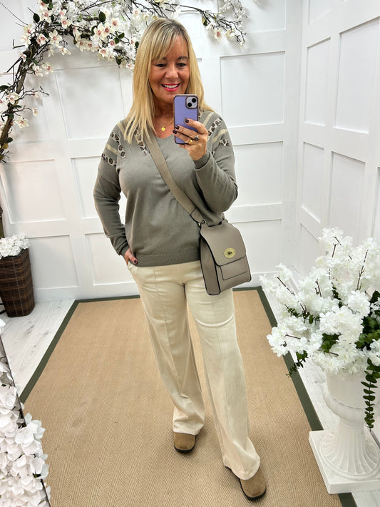 Pasha: Mocha white leopard print sequin top. One size: 12-18