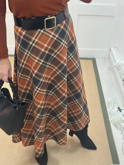 Cara: Orange belted tartan check skirt. One size 10-16