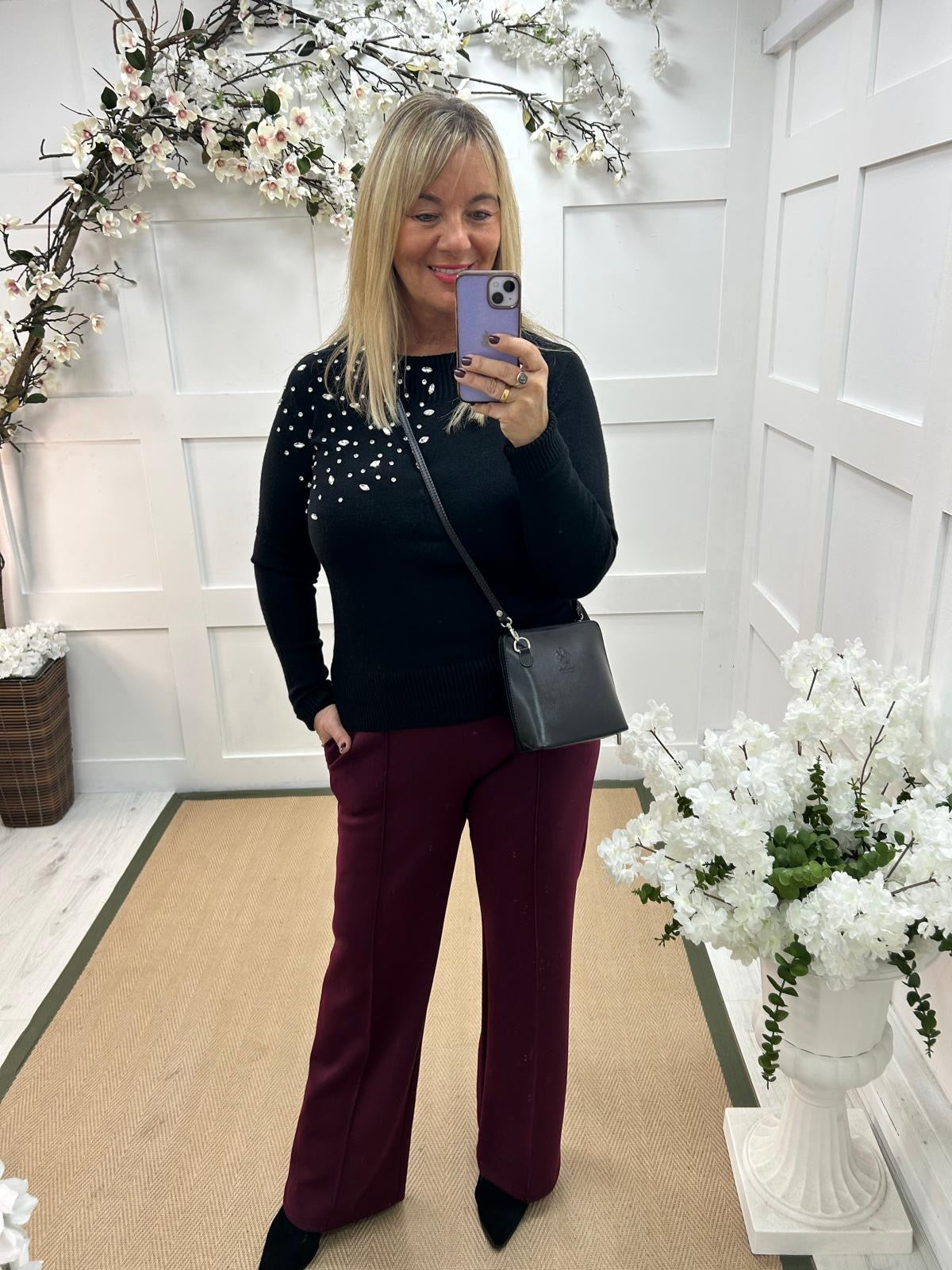 Lois: Black rhinestone shoulder knit. One size: 12-16