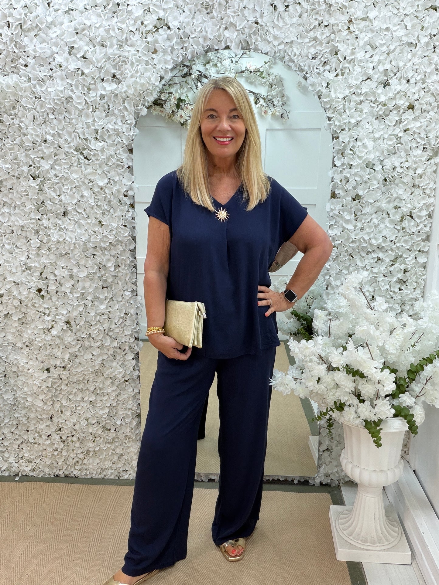Nyla: Navy V neck top & trouser set. 2 sizes