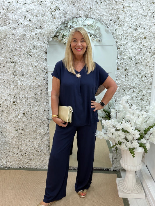 Nyla: Navy V neck top & trouser set. 2 sizes