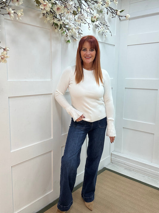 Skylar: Winter white ribbed diamanté cuff long sleeve top. Two sizes.