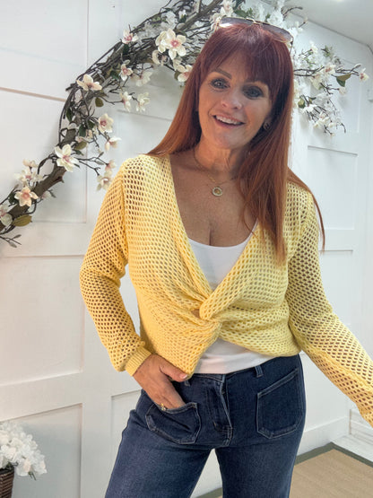 Kiera: Lemon open knit knot top. One size: 12-16