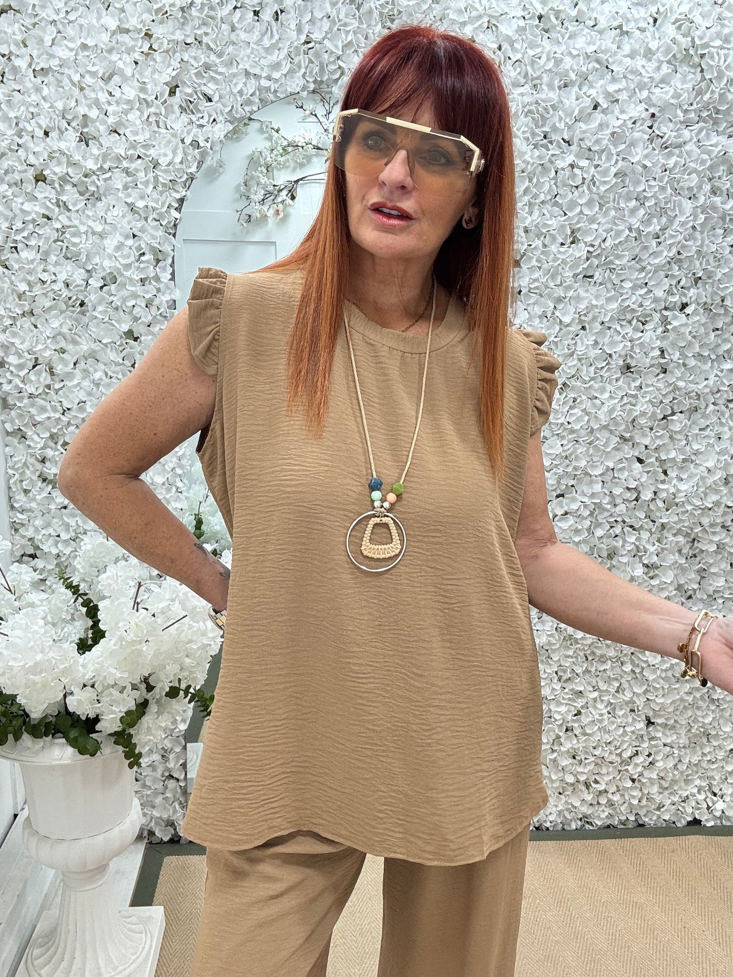 Ember: Sand frill sleeve top & pendant. One size: 14-20