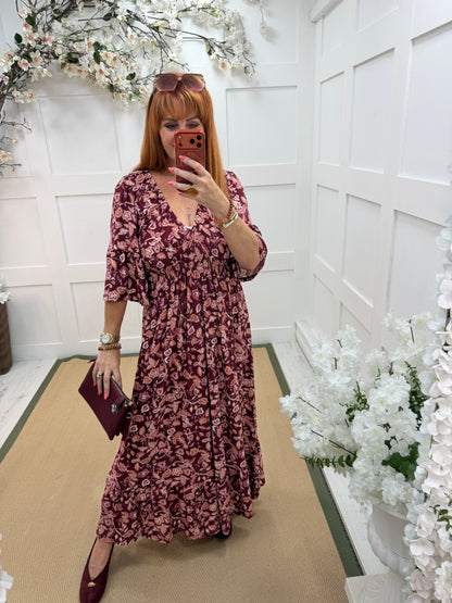 Jade: Burgundy & rust V neck magic dress. 3 sizes