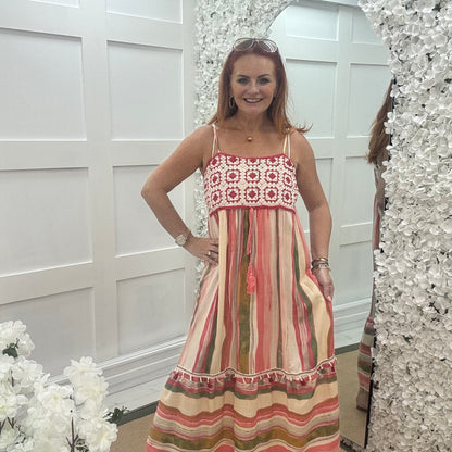 Aurora: Vibrant coral crochet & stripe midi dress. One Size: 8-12