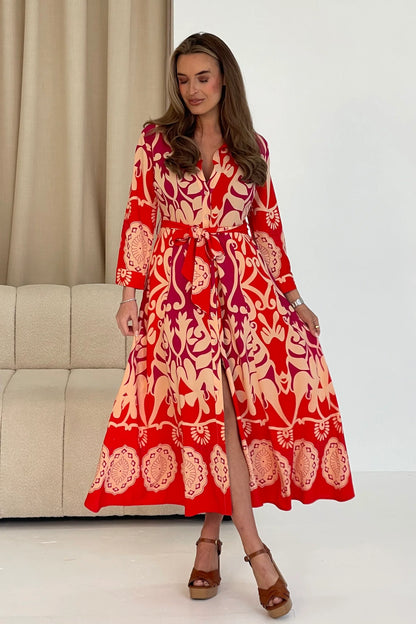Angela: Red abstract printed shirt dress. Sizes: 12-18