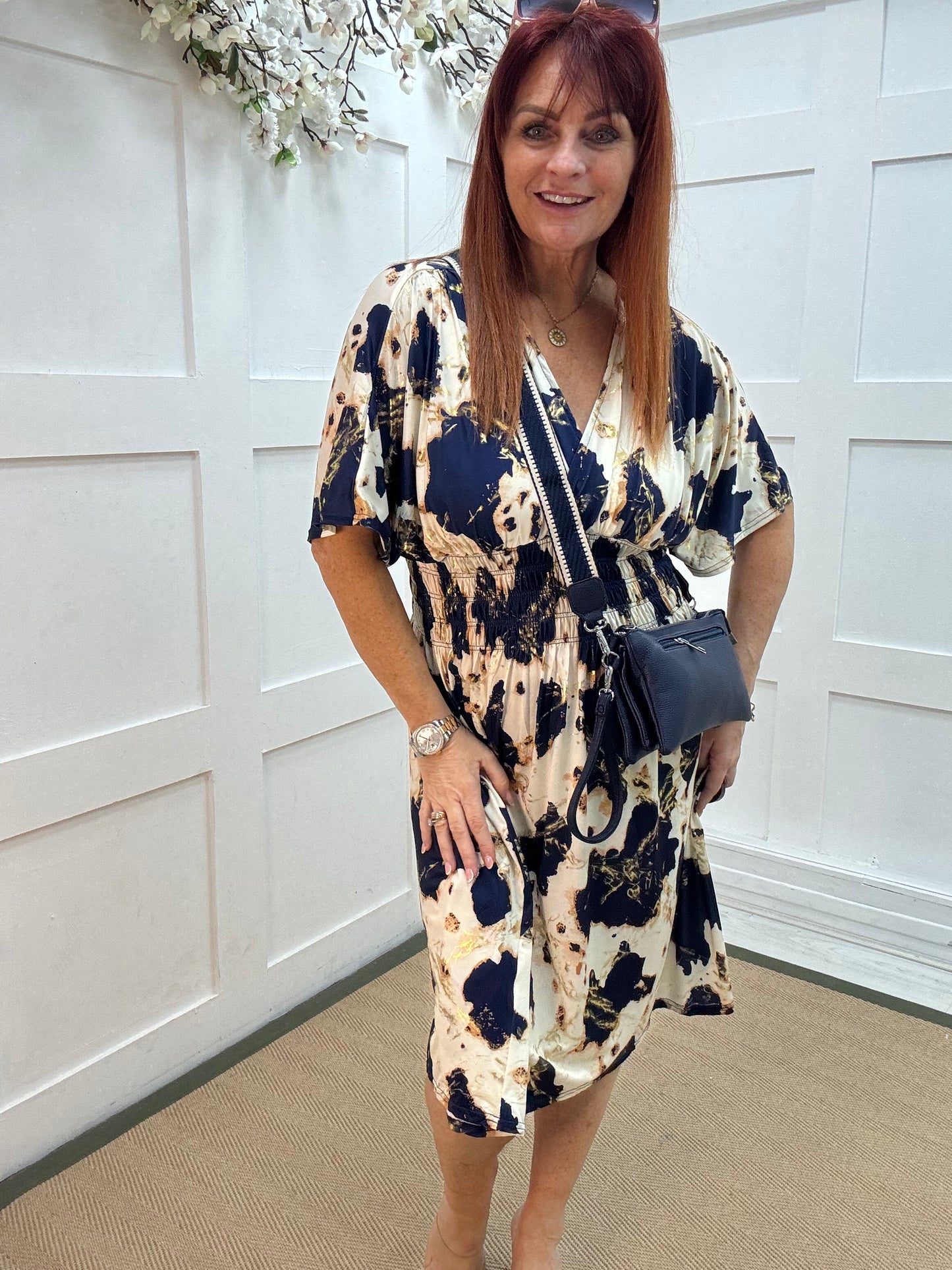 Dixi: Navy & cream stretchy midi wrap dress. One size 12-22