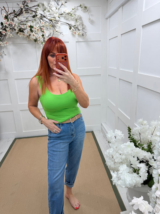 Abigail: Stretchy green basic vest top. 2 sizes