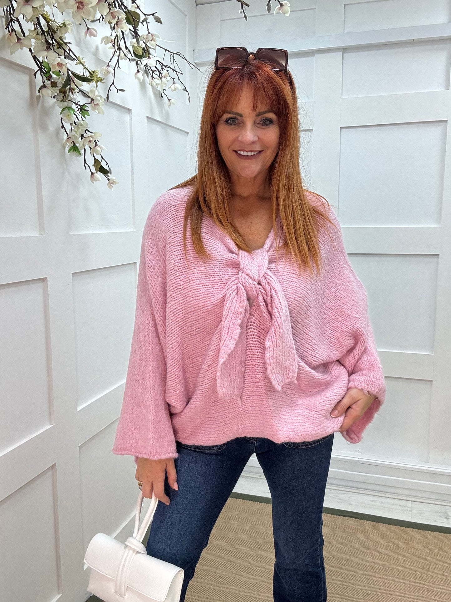 Bloom: Pink bow knitted jumper. One size: 12-18