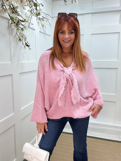 Bloom: Pink bow knitted jumper. One size: 12-18