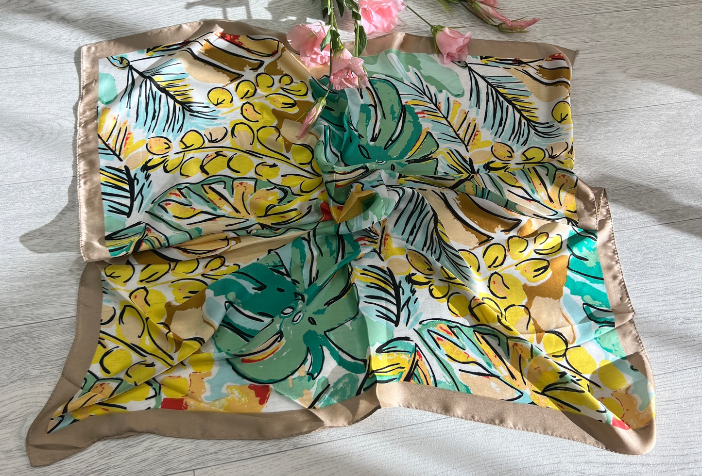 Tanvi: Tropical leaf print silky neck scarf. 3 colours