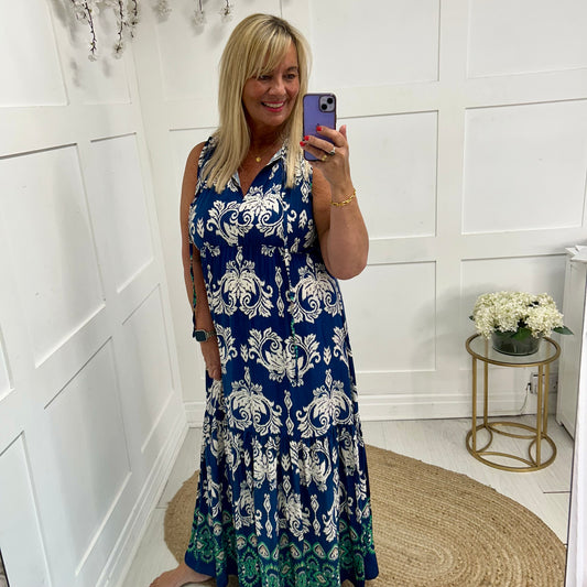 Danni: Navy & cream V neck maxi dress. One size: 12-18