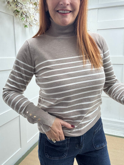 Karina: Mocha & white striped polo neck top. One size 10-14