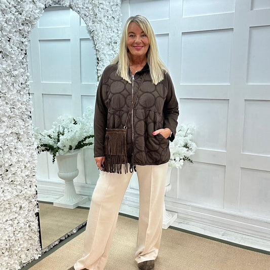 Malin: Brown quilted hooded jacket. One size: 12-20