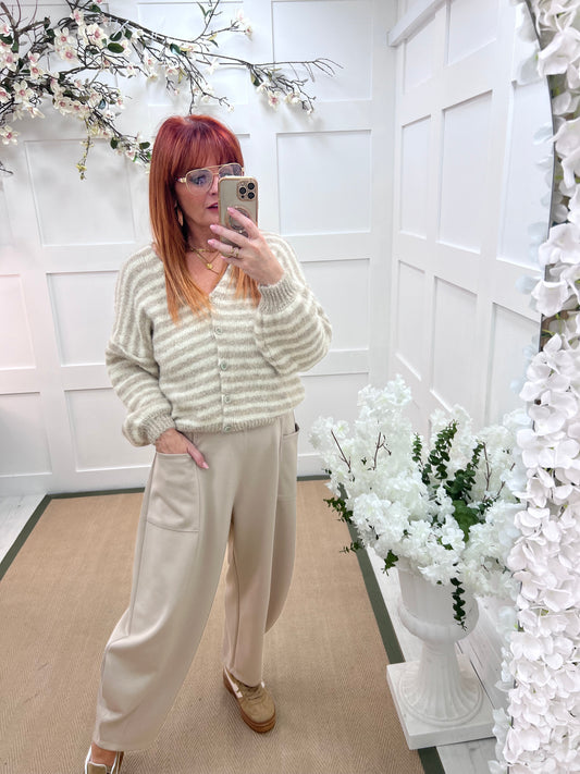 Rowan: Cream stripe V neck cardigan. One size: 12-18