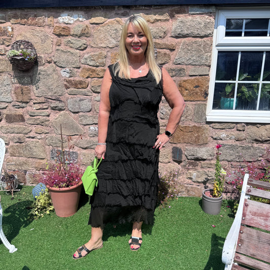 Alexa: Black silk layered ruffle dress. One size: 14-18