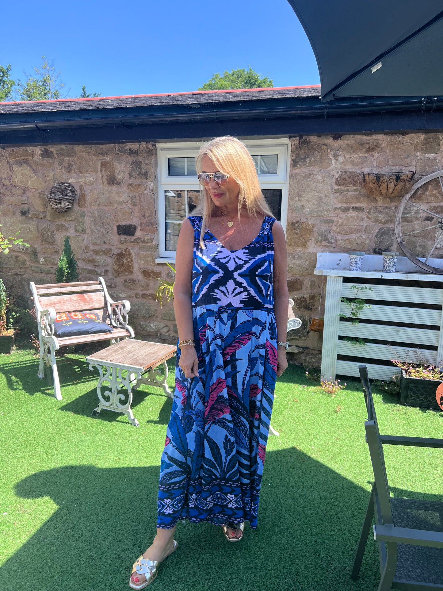 Jodie: Blue & pink tropic print wide leg jumpsuit. One size: 14-20