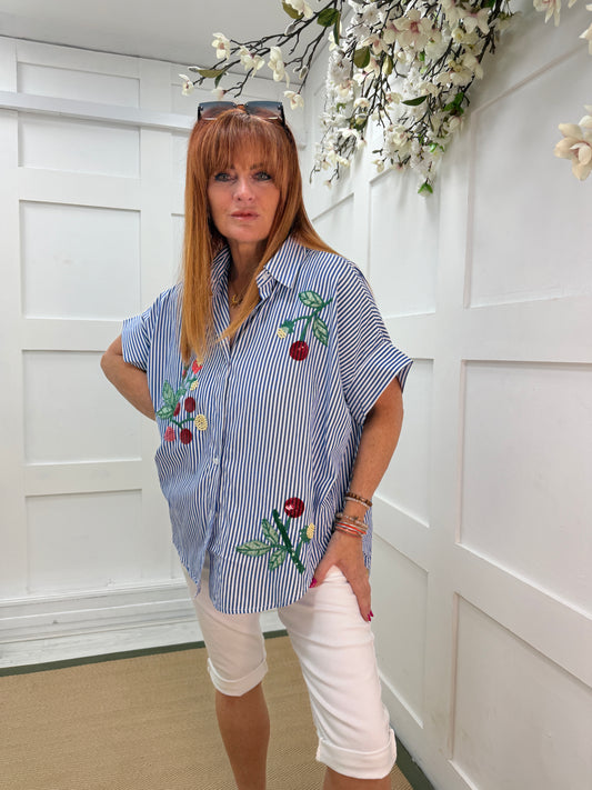 Beau: Oversized stripe floral sequin embellished shirt. One size: 14-20. 2 colours