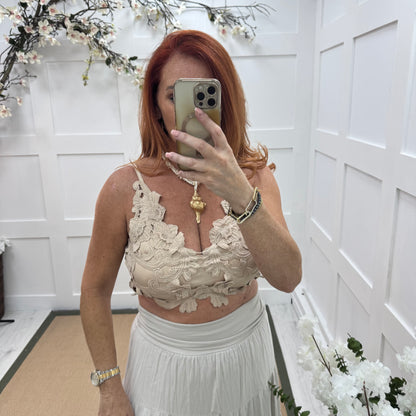 Lacey: Beige applique crop bralette. One size 8-14
