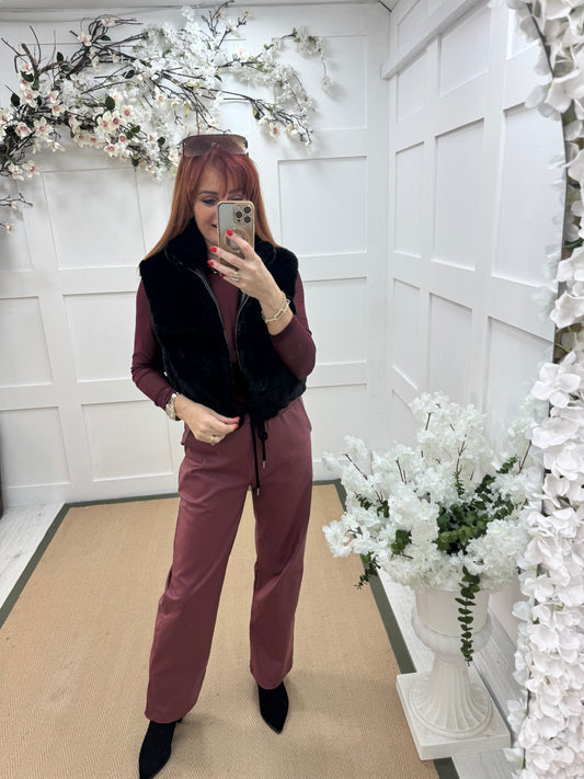 Effie: Burgundy teddy bear faux fur gilet. One size 8-14