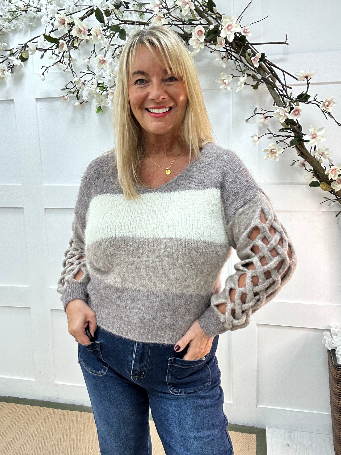 Florri: Mocha stripe lattice-sleeve knit. One size 12-18