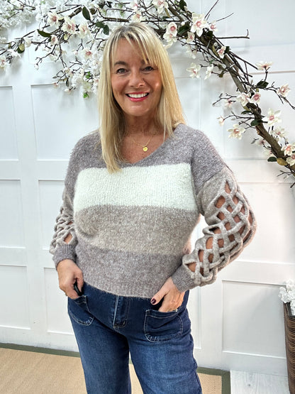 Florri: Mocha stripe lattice-sleeve knit. One size 12-18