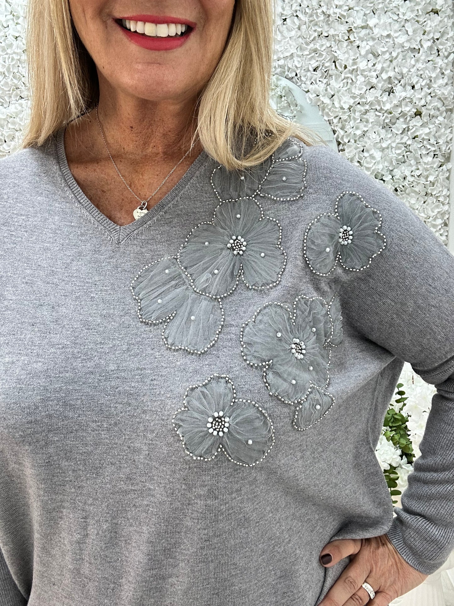 Claudia: Grey longline floral detail knit. One size: 14-20