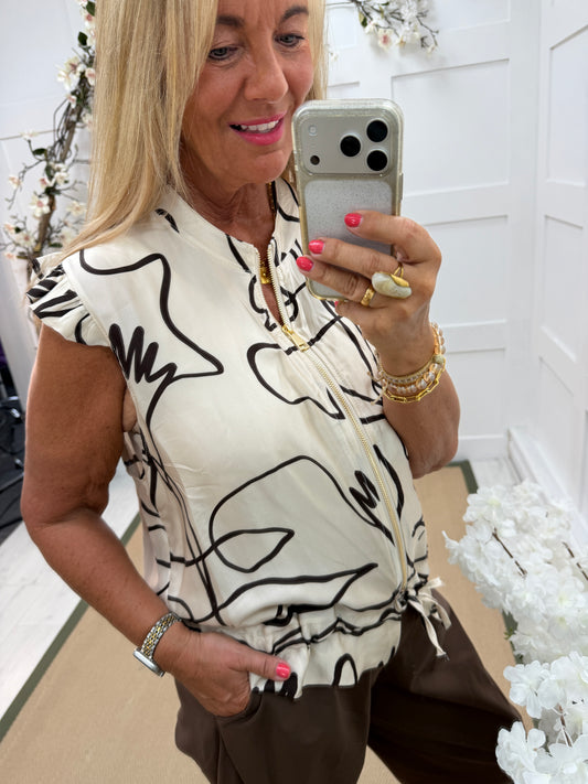 Ashley: Cream printed silky waistcoat. One size: 12-18