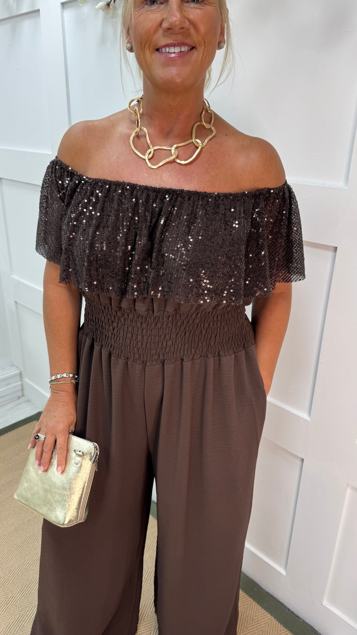 Salma: Brown sequin multiway wide leg jumpsuit. One size: 14-20