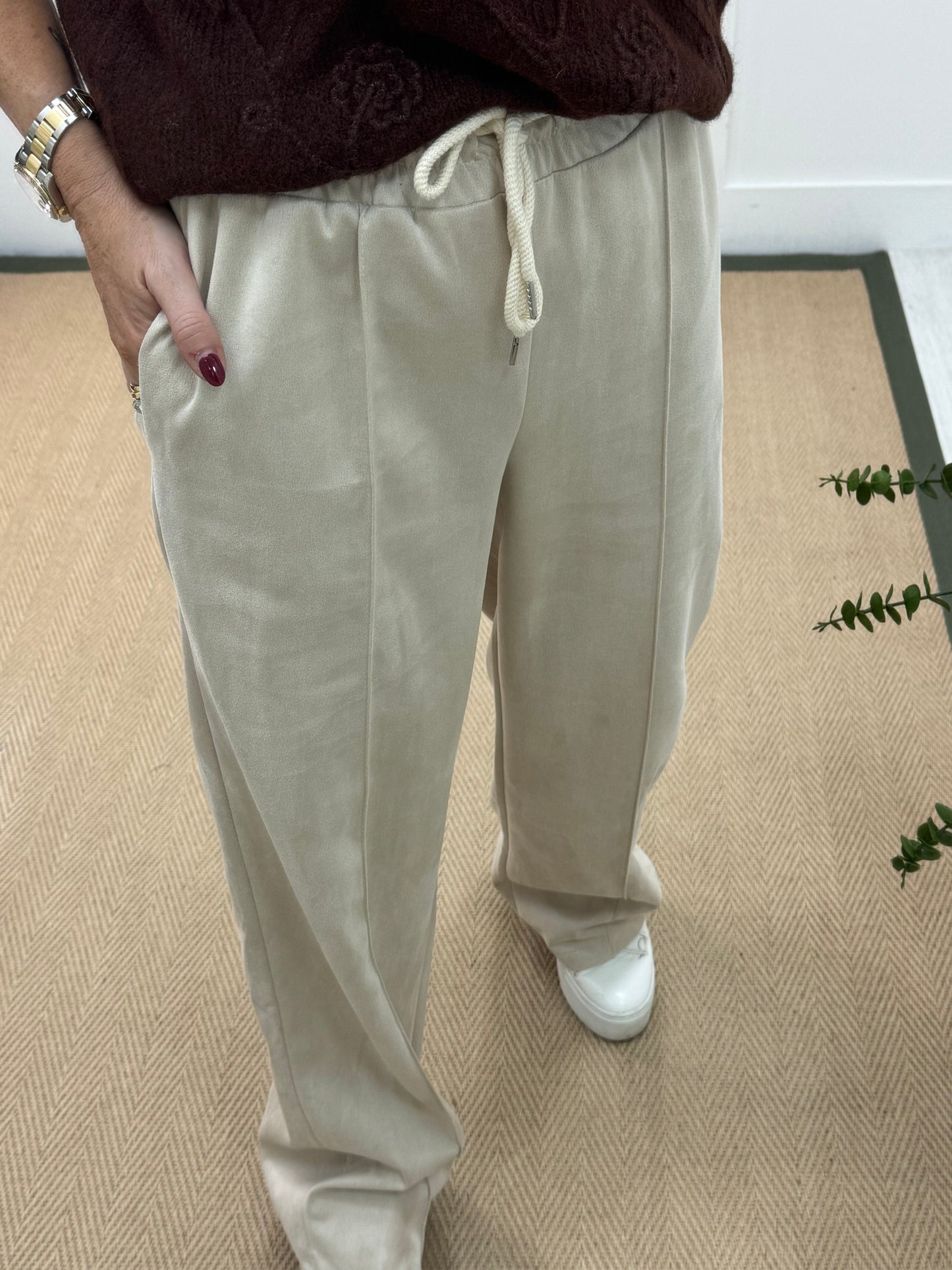 Sadie: Cream suedette wide leg pocket trousers. One size: 10-16
